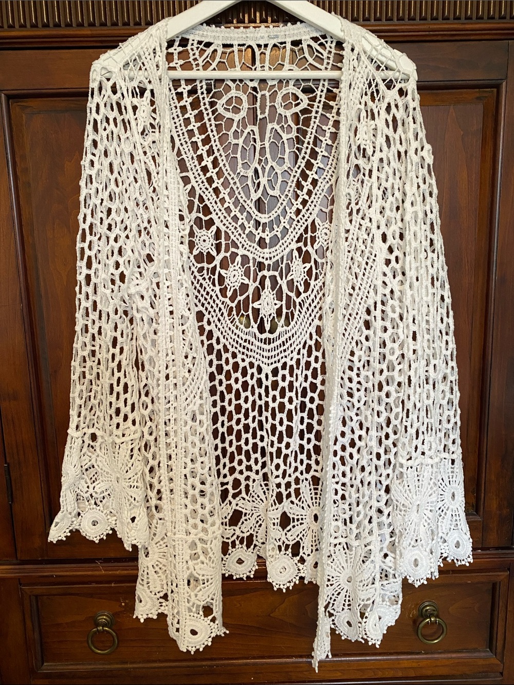 Crochet Lace open front Duster Cardigan white Bohemian Fairycore Cottagecore M